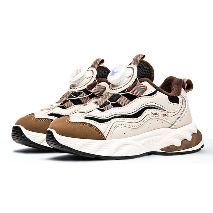 Beige-Braune Kinder Sneaker mit Drehverschluss – Vorderansicht