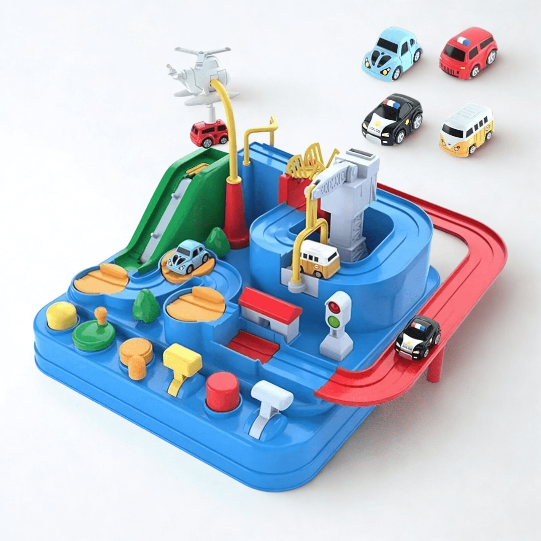 Übersicht: ActionCity Spielstation mit Hebeln, Kurbeln, Helikopter und vier Mini-Autos

