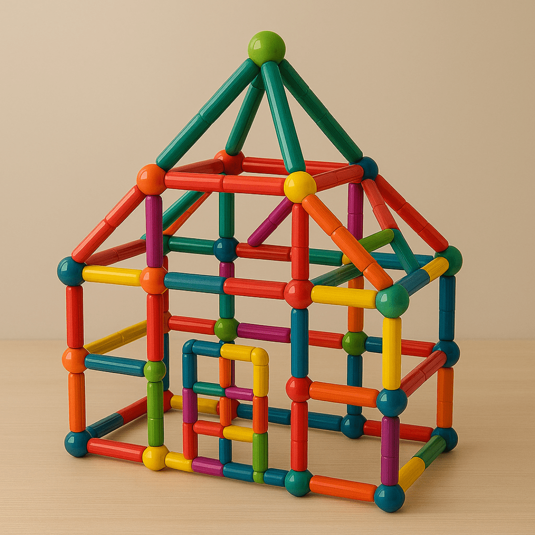 Magnetisches Puppenhaus mit Fenstern und Dach aus grünen & roten Stäben