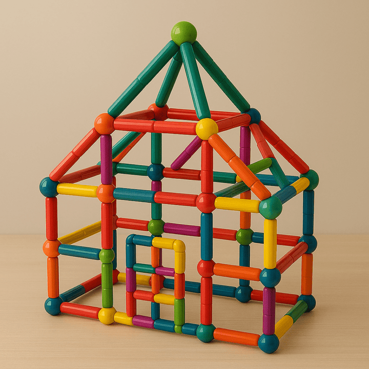 Magnetisches Puppenhaus mit Fenstern und Dach aus grünen & roten Stäben