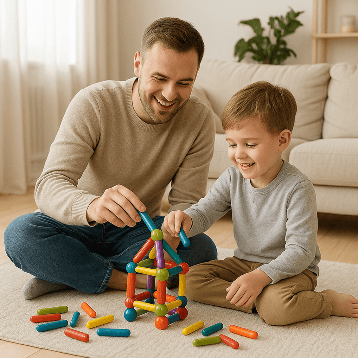 Familie sitzt auf Teppich, alle konstruieren gemeinsam mit BauMag Stäben
