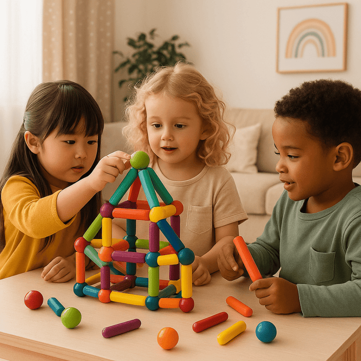 Drei Kinder lachen und zeigen stolz ihre bunten BauMag Bauwerke

