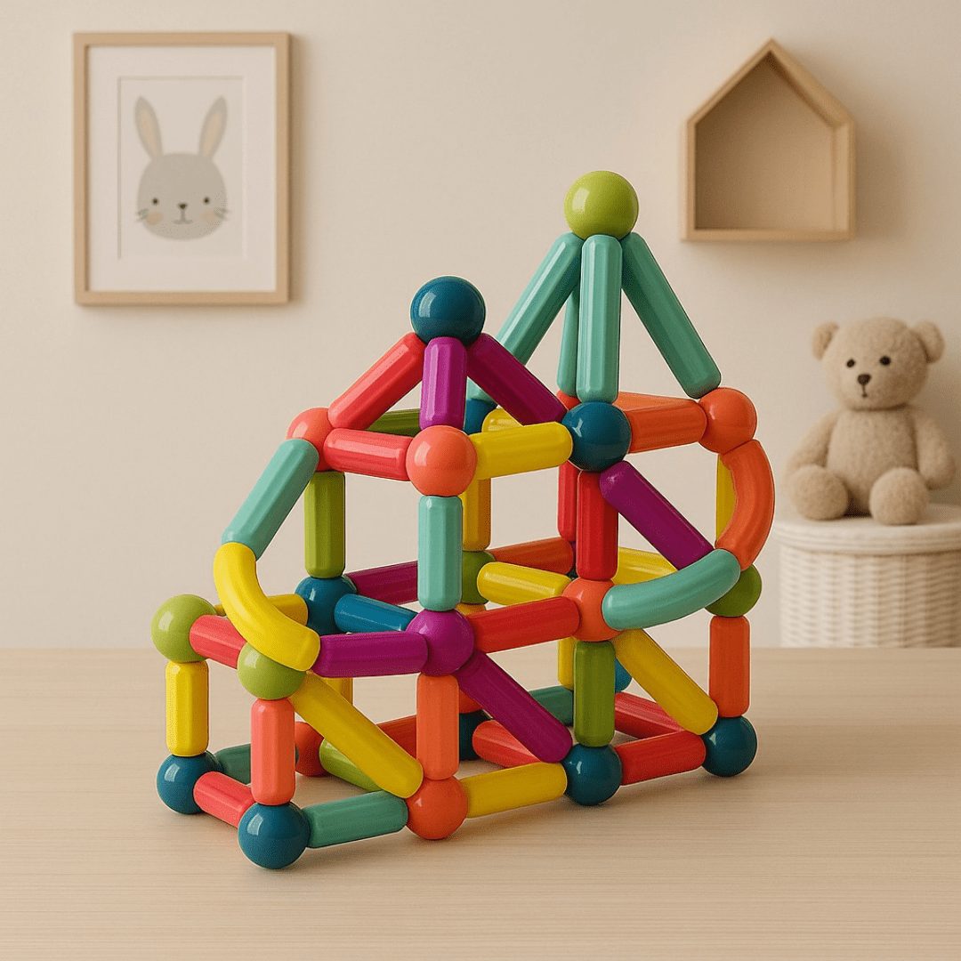 Fertige BauMag Skulptur als Dekostück auf Holzregal im Kinderzimmer
