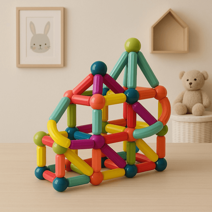 Fertige BauMag Skulptur als Dekostück auf Holzregal im Kinderzimmer

