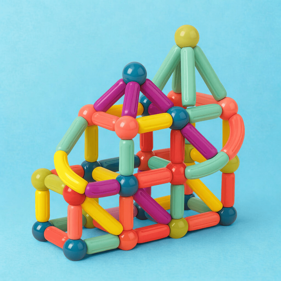 Bunter Würfel-Turm aus BauMag Magnetstäben auf blauem Hintergrund