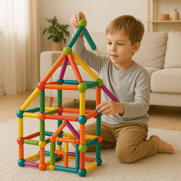Fertige BauMag Skulptur als Dekostück auf Holzregal im Kinderzimmer
