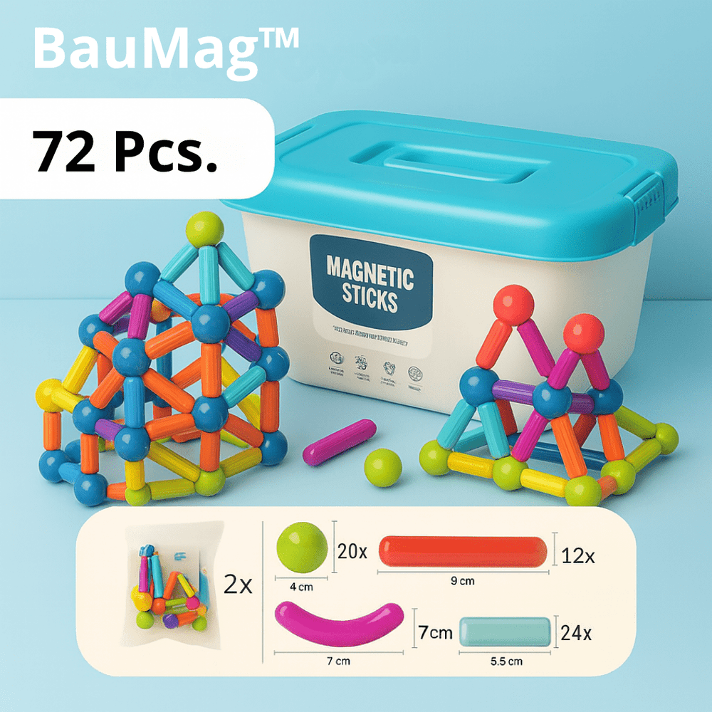 BauMag Starter-Set 72 Teile – Box, Stäbe, Kugeln & Anleitung in Nahaufnahme