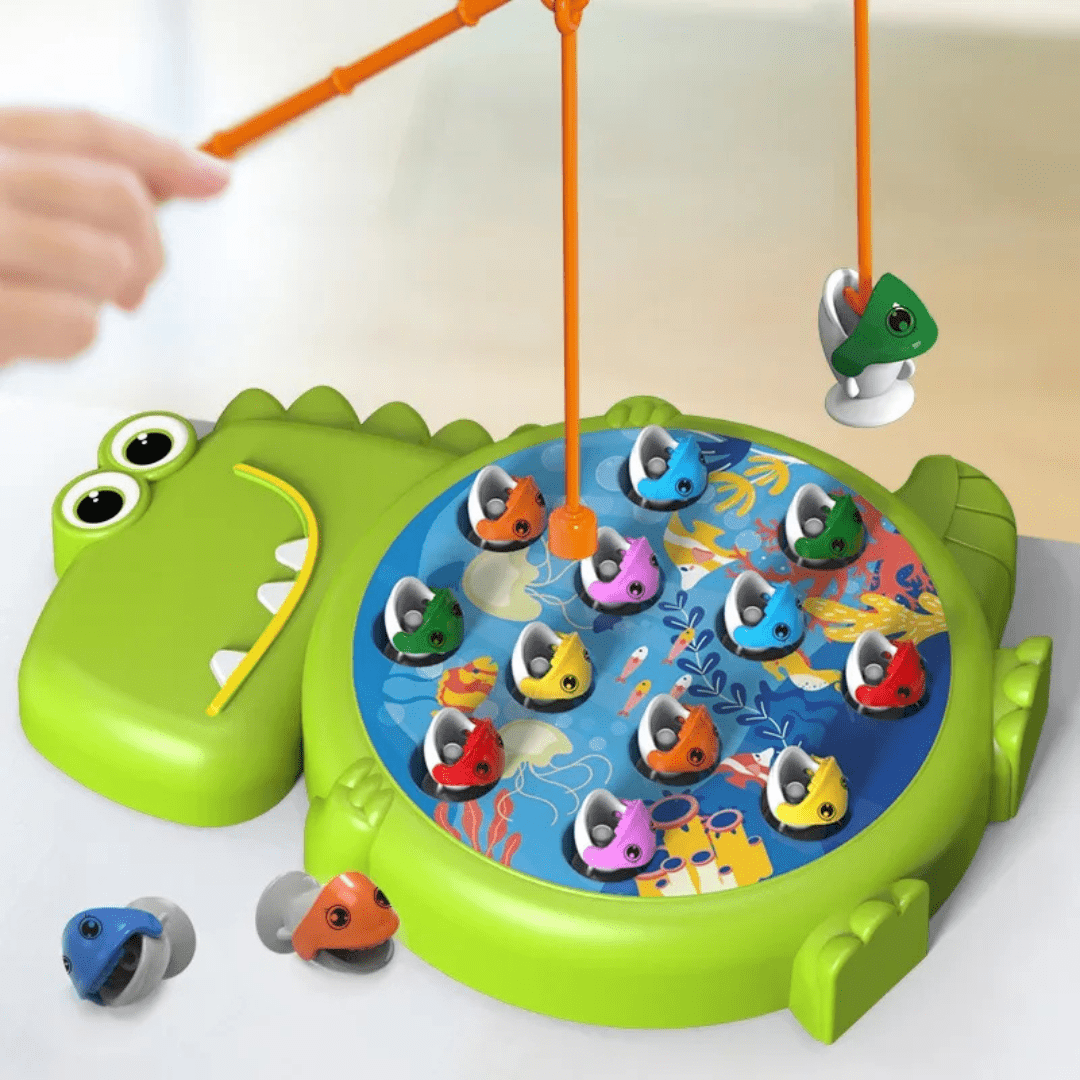 Mädchen angelt bunten Dino-Fisch mit Magnetrute – DinoAngel-Abenteuer magnetisches Angelspiel