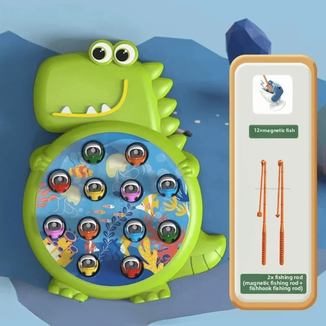 Grünes Dino-Spielbrett mit magnetischen Dinosaurier-Fischen für Motoriktraining
