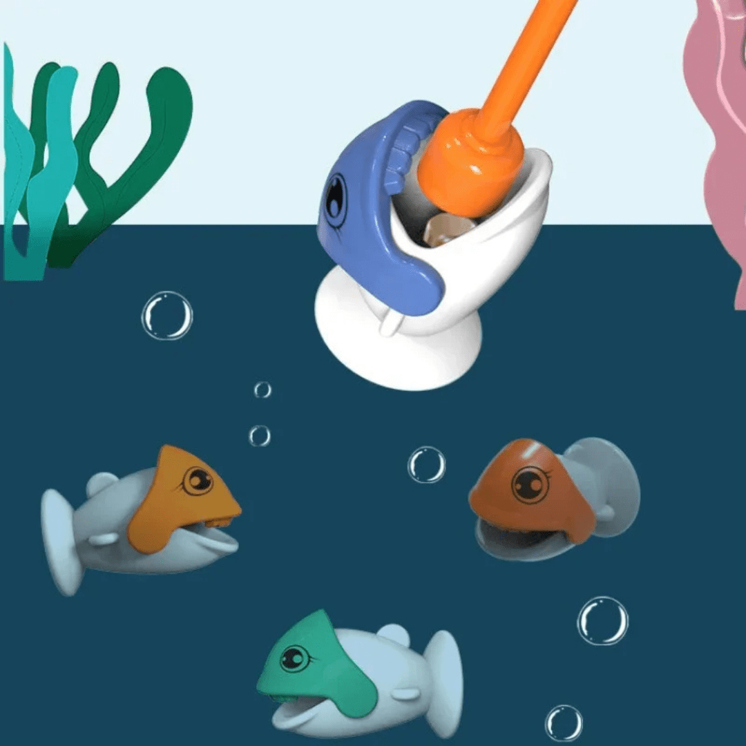 Illustration: Angelrute fängt Dino-Fisch unter Wasser – DinoAngel-Abenteuer Lernspiel