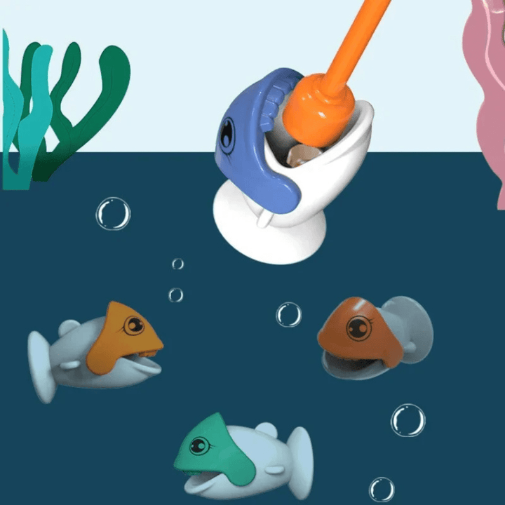 Illustration: Angelrute fängt Dino-Fisch unter Wasser – DinoAngel-Abenteuer Lernspiel
