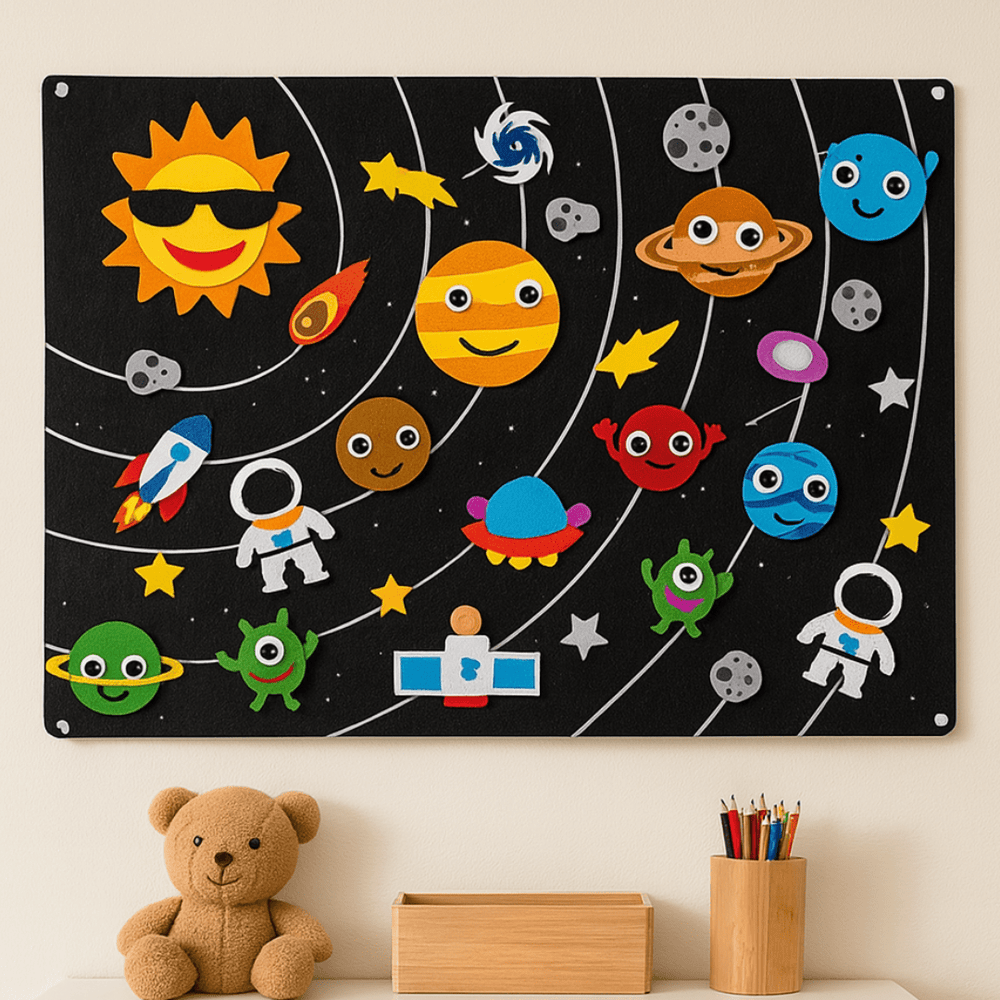 Dunkles Weltraum-Feltboard mit Planeten- und Raketen-Patches im Kinderzimmer
