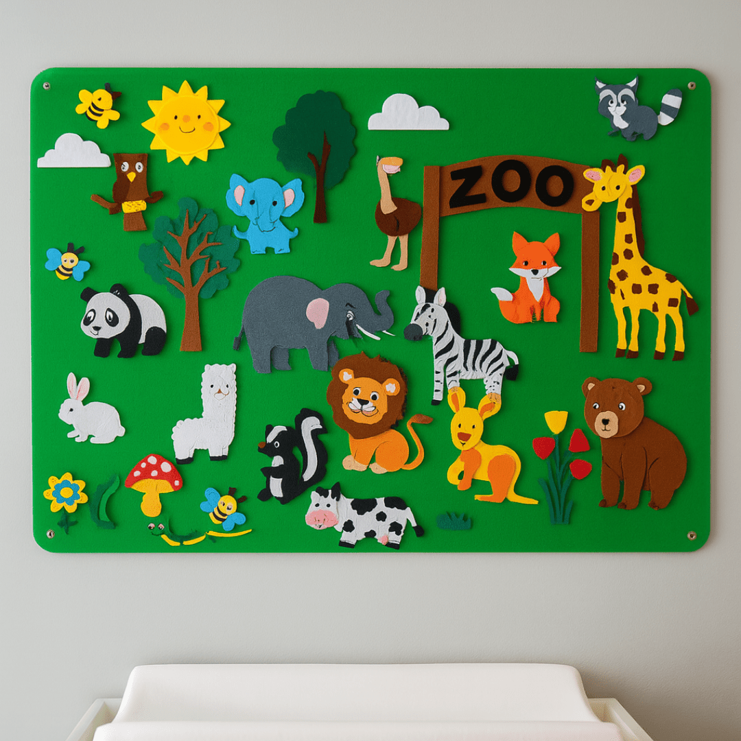 Vollansicht: FantasieFelt Board „Zoo“ mit 20 Tier-Patches an grüner Wand
