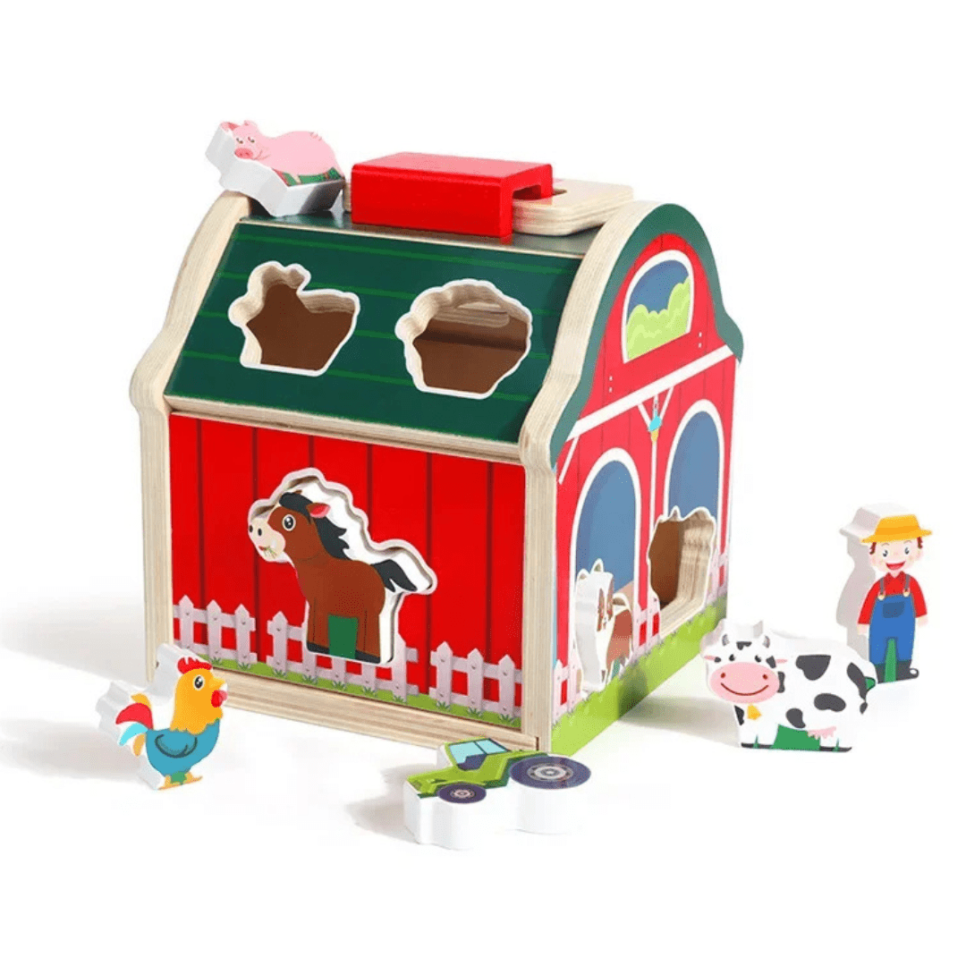 Farm Bau™ Bauernhof-Sortierspiel aus Holz mit Tier-Blöcken und rotem Stall im Überblick