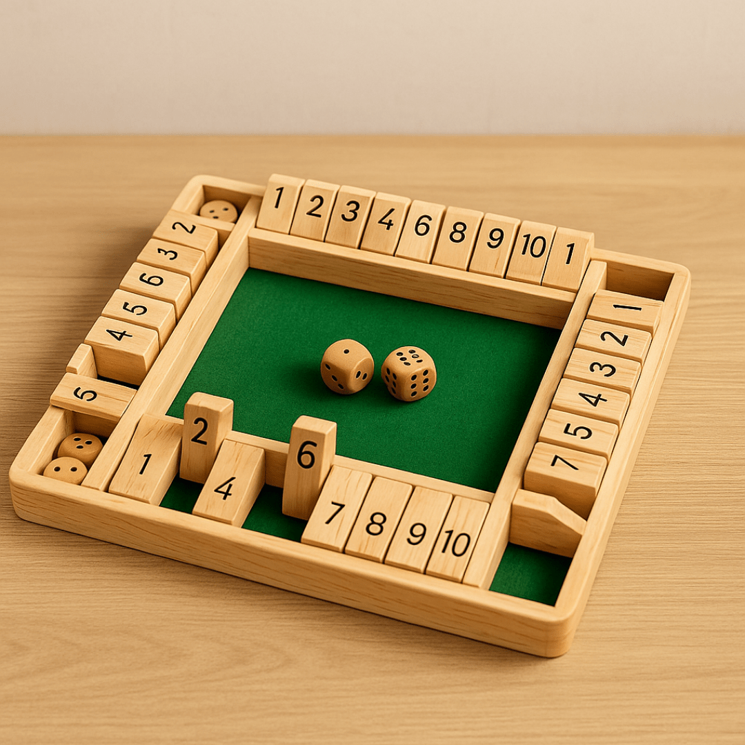 Holzklapp Duell™ – quadratisches Shut-the-Box Brett aus Holz, Würfel zeigen 3 und 4
