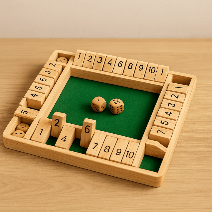 Holzklapp Duell™ – quadratisches Shut-the-Box Brett aus Holz, Würfel zeigen 3 und 4
