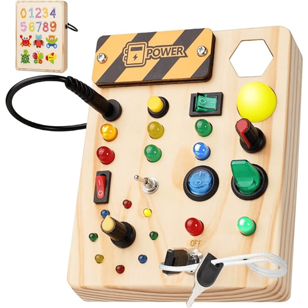 Holz-Busyboard „LeuchtWerk“ mit farbigen LEDs, Kippschaltern und Summer-Taste in der Gesamtansicht
