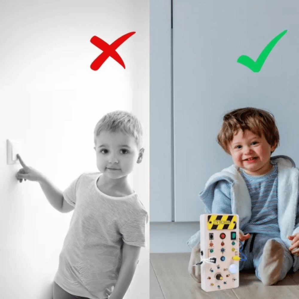 Vergleichsbild: Junge an weißer Wand (X) vs. LeuchtWerk Brett (✔) – erlaubt sicher die Schalterlust ausleben