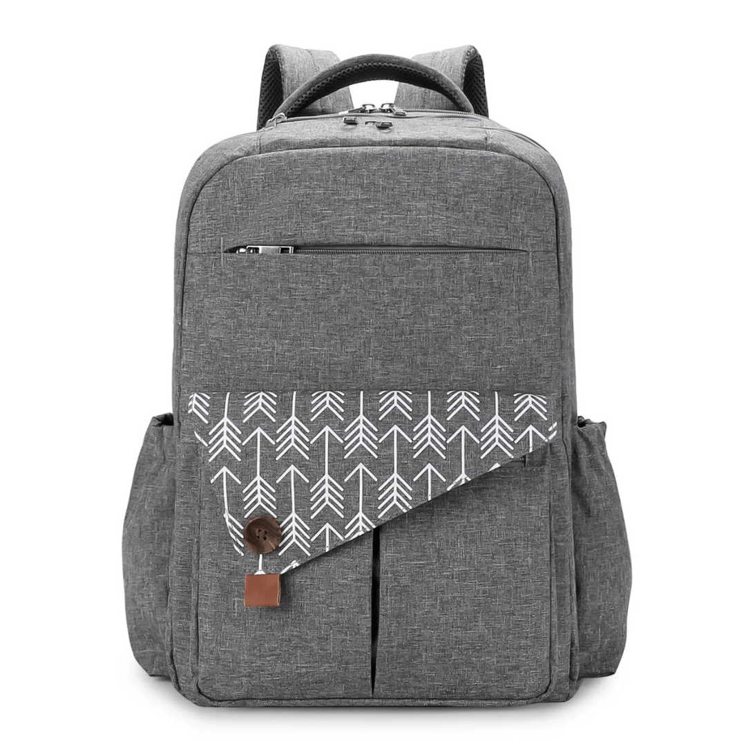 grauer wickelrucksack mit gemustertem frontfach
