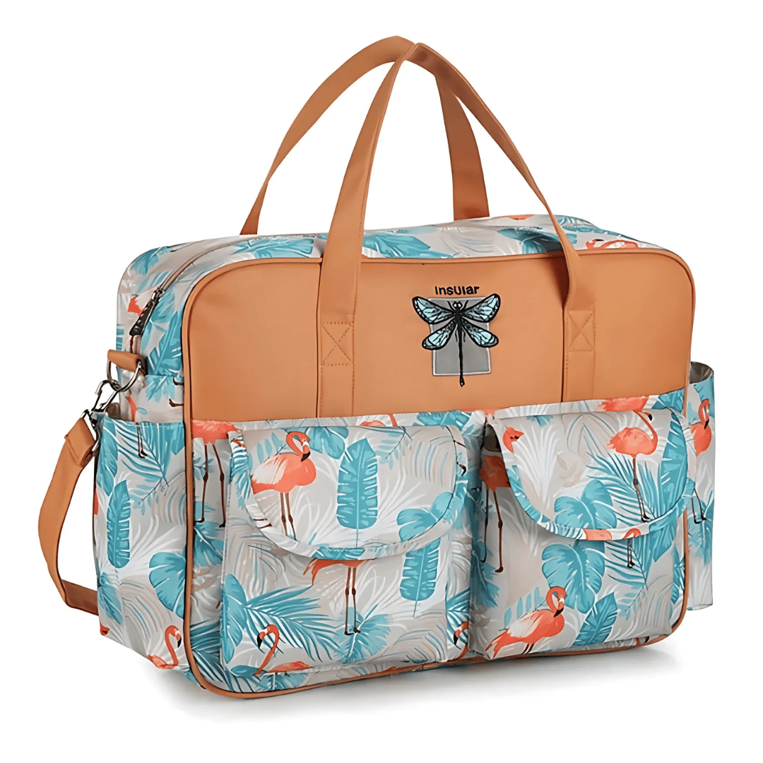  Wickeltasche Türkis – Vorderansicht mit Lederakzenten & Blumenprint