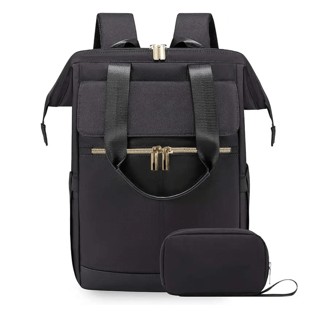 schwarzer wickelrucksack frontansicht mit gold zipper