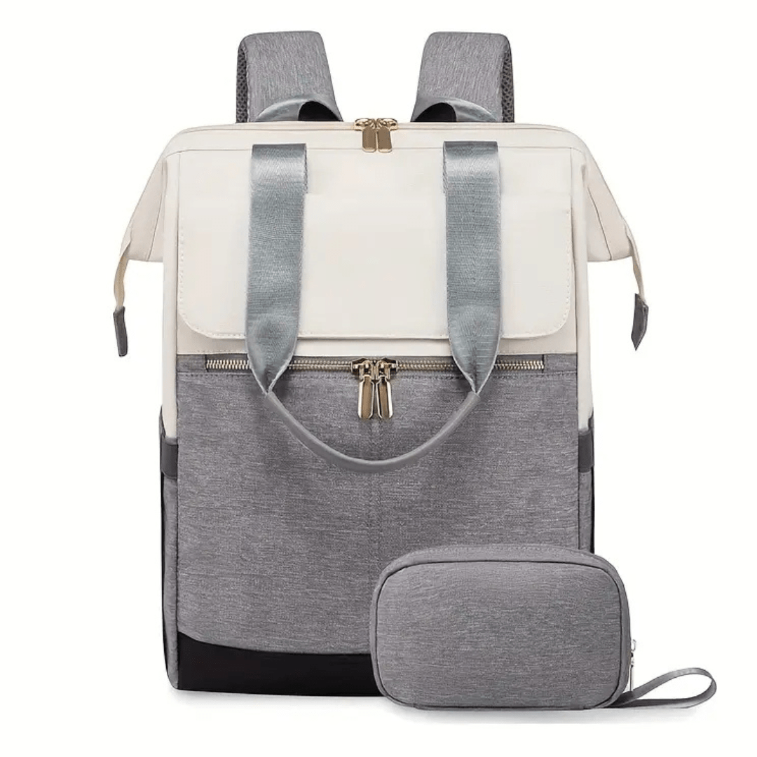 grau beige wickelrucksack frontansicht mit zubehoer tasche